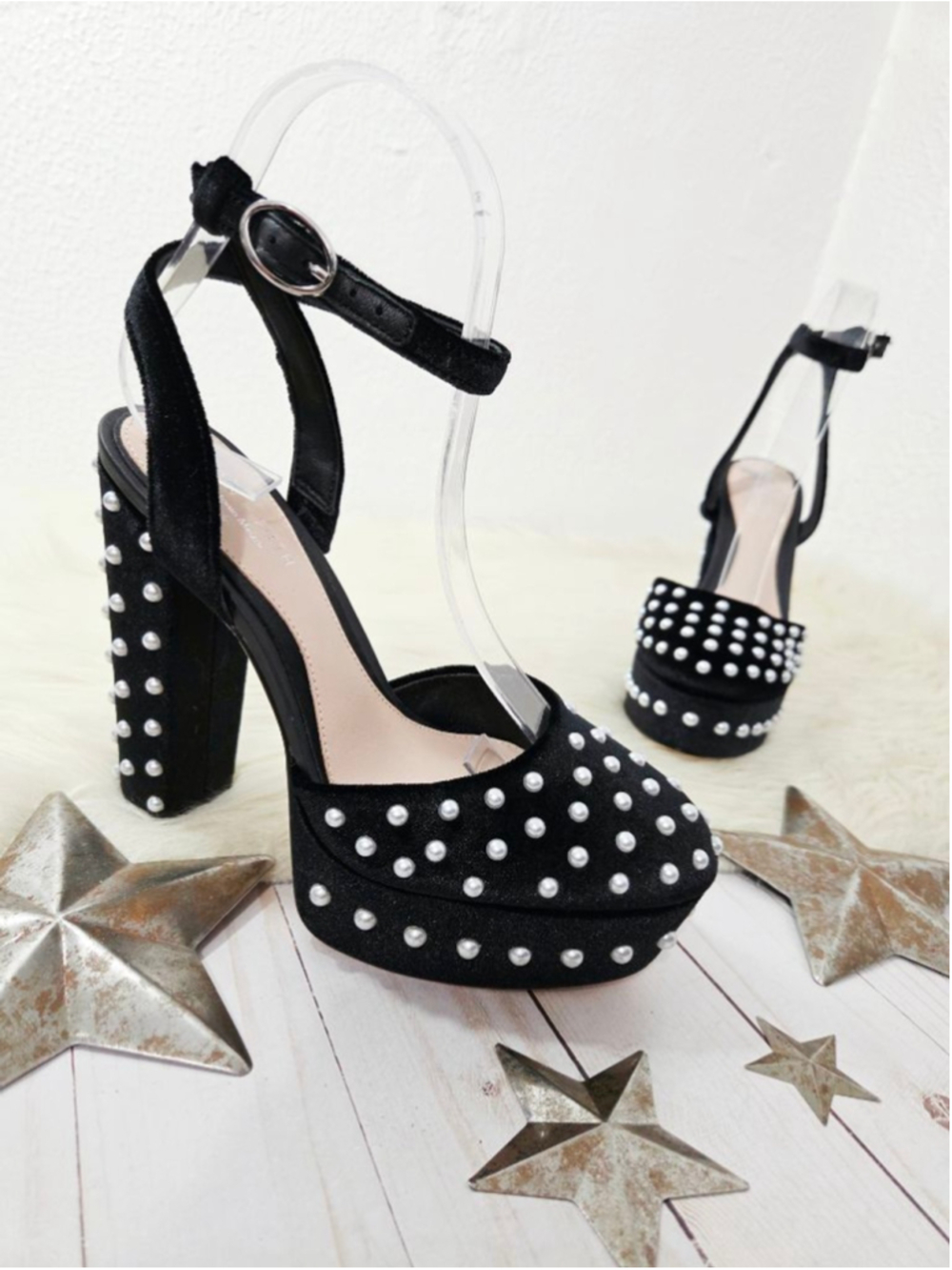 Antonio Melani x Born on Fifth Emily black Velvet Pearl Platform Pump heels sz 9